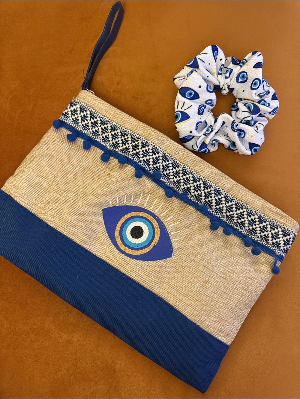 Blue Evil Eye Wristlet Pouch with Matching Scrunchie